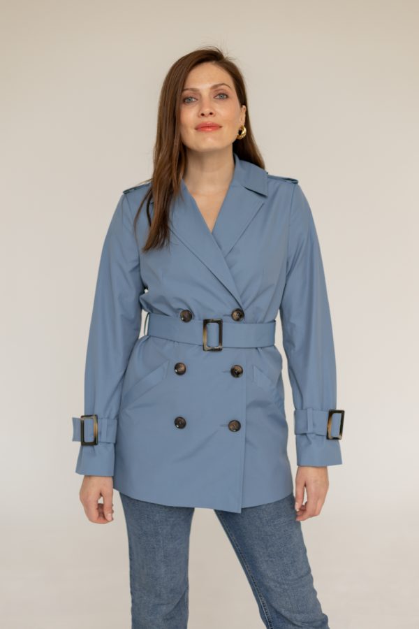 short blue trench coat