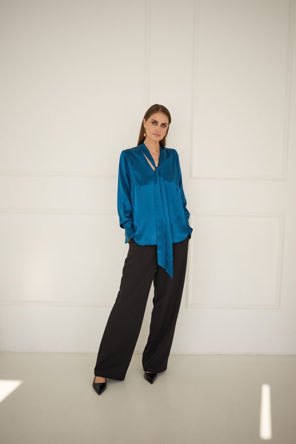 sapphire silk blouse with a sash